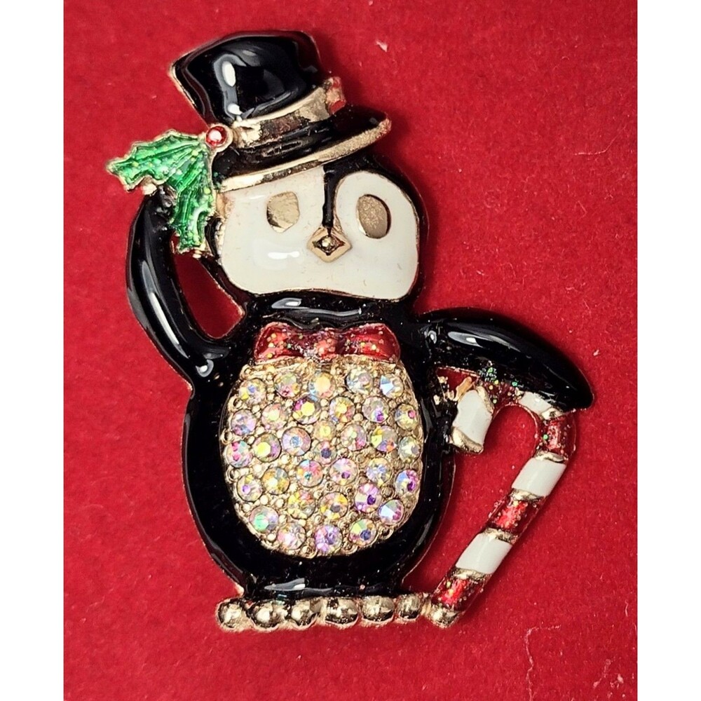 Penguin Aurora Borealis Rhinestone Enamel Brooch Pin NEW